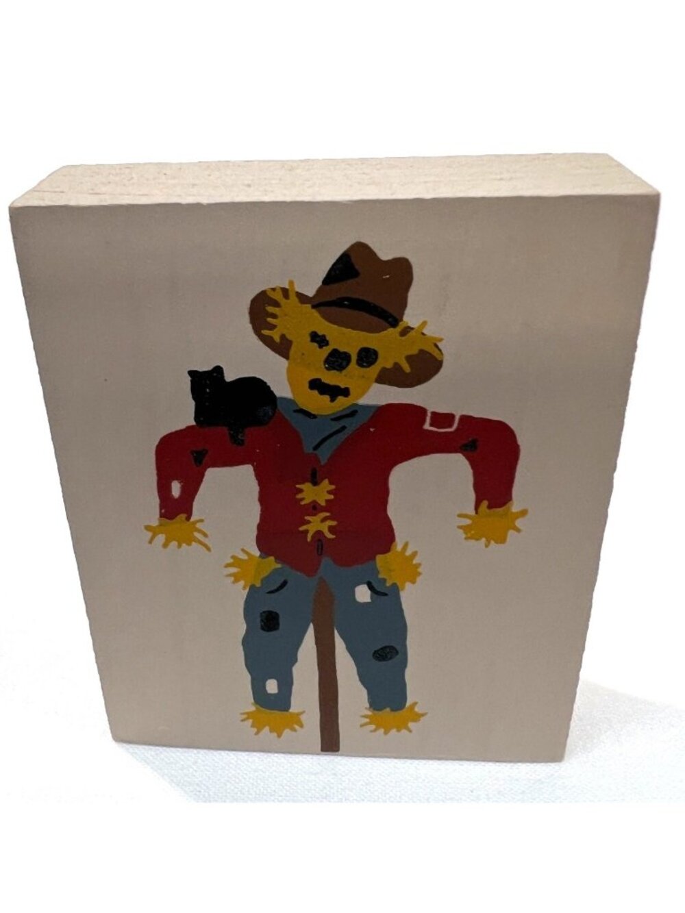 Cats Meow Scarecrow Folk Art Wooden Block Decoration